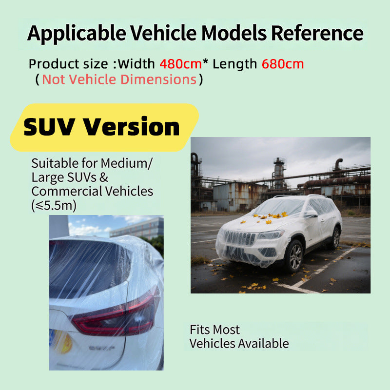 Disposable Car Cover - Universal Sun Rain & Dust Protection, Transparent Thin Full-Cover Auto Body Shield for SUV and Sedan ﻿ ﻿